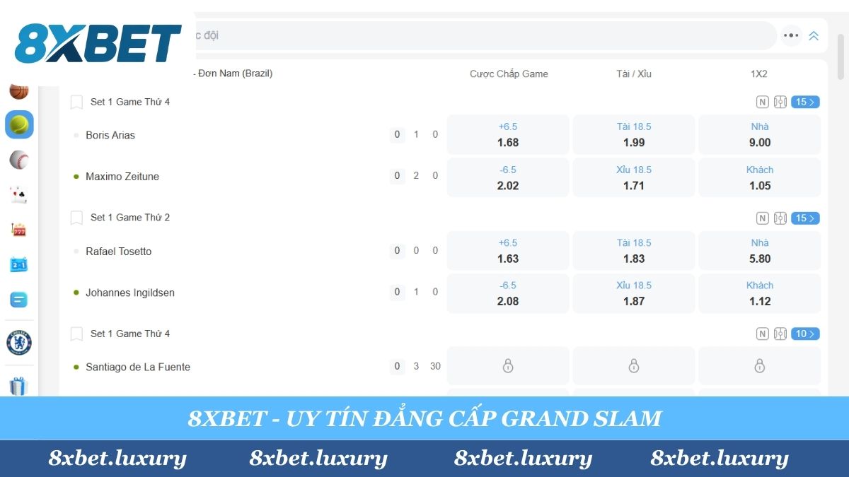 8xbet, đối tác chính thức của Chelsea FC, mang đến sân chơi cá cược quần vợt đẳng cấp Grand Slam. Trải nghiệm soi kèo Úc Mở rộng, Roland Garros, Wimbledon và Mỹ Mở rộng với sự uy tín hàng đầu.